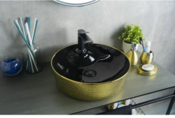 Раковина для ванной CeramaLux NC D1306H022 45х14х45 накладная, круглая, керамическая/фарфоровая, цвет черный/золото, с отверстием под смеситель, без слива-перелива