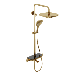 Душевая система Abelsberg Lineara с термостатом, высота 900−1300 мм цвет королевское золото, комплект: смеситель/полка для душа/излив/тропический душ прямоугольный (с верхней лейкой)/лейка/стойка/шланг, латунь/ABS-пластик