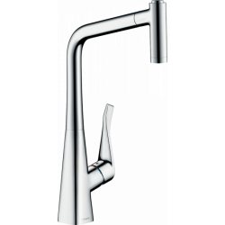 Смеситель для кухни/мойки Hansgrohe Metris M71 320, однорычажный, поворотный, керамический, с высоким выдвижным/вытяжным изливом, высота излива 31,9 см, латунь, покрытие хром, цвет хром