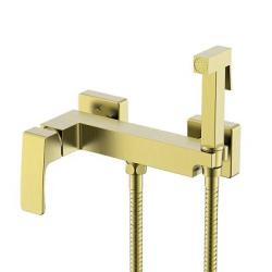 Смеситель с гигиеническим душем Raglo R01.51.03, настенный, однорычажный, керамический, без излива, с гибким шлангом/лейкой, латунь, цвет сатин золотой