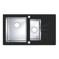 Мойка кухонная ALVEUS KARAT 20 UP 86х50х19,5 см, 1+1/2 врезная/встраиваемая сверху, две чаши, с крылом, закаленное стекло/нержавеющая сталь, прямоугольная, цвет черный, с отверстием под смеситель, в комплекте с сифоном 1123353, левая