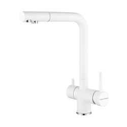 Смеситель для кухни/мойки Paulmark Skalen, с подключением к фильтру/биканальный, однорычажный, поворотный излив, керамический картридж, высокий, длина излива 225 мм, нержавеющая сталь, цвет белый матовый