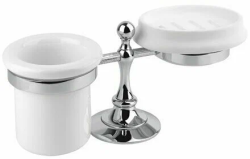 Стакан с мыльницей Cezares OLIMP, настольный, латунь/керамика, форма округлая, для зубных щеток/мыла в ванную/туалет/душевую кабину, цвет хром