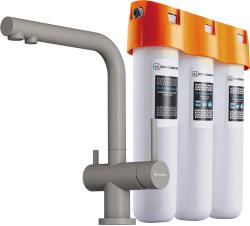 Комплект: смеситель для кухни Omoikiri Nagano-GR-P + фильтр Pure drop Lite для очистки воды трехступенчатый, смеситель однорычажный, поворотный, керамический, длина излива 206 мм, латунь, цвет Leningrad Grey