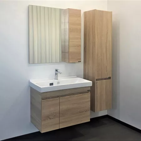 Тумба с раковиной Comforty Тромсе 80, 80х63х45 см, подвесная, 1 распашная дверца/1 выдвижной ящик, ЛДСП, прямоугольная, цвет- дуб сонома/раковина Fest 80, прямоугольная, цвет белый, встраиваемая