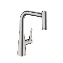 Смеситель для кухни/мойки Hansgrohe Metris M71 220, однорычажный, поворотный, керамический, с высоким выдвижным/вытяжным изливом/душем, высота излива 22,1 см, латунь, покрытие хром, цвет сталь