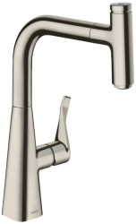 Смеситель для кухни/мойки Hansgrohe Metris Select M71, 240 sBox 1jet, однорычажный, керамический, с поворотным/вытяжным изливом, длина 20,8 см, латунь, цвет под сталь