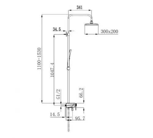 Душевая система Raglo R60.24 со смесителем, высота 1100-1530 мм цвет хром, комплект: однорычажный смеситель/излив/тропический душ прямоугольный (с верхней лейкой)/лейка/стойка/шланг, латунь
