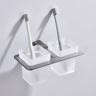 Стакан с держателем Raglo R301.08.09 двойной, с держателем, настенный, нержавеющая сталь/стекло, для зубных щеток в ванную/туалет/душевую кабину, цвет графит