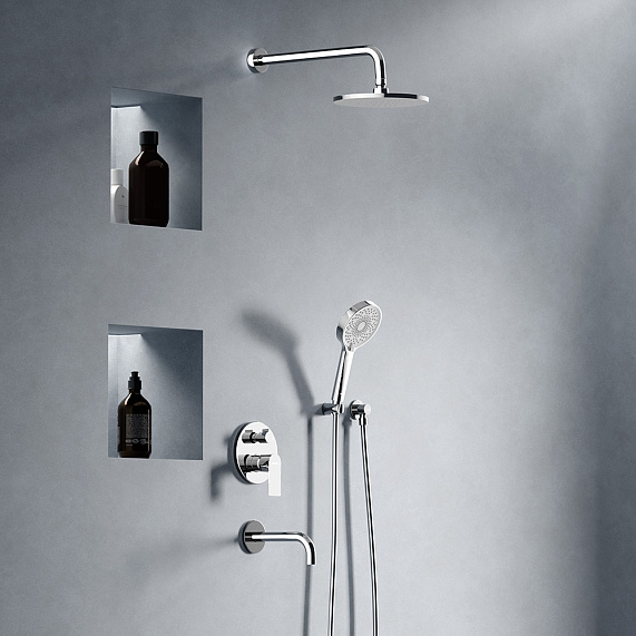 Душевая система Damixa Apollo встраиваемая, цвет хром, комплект: смеситель/излив/тропический душ круглый (с верхней лейкой)/лейка/шланг, латунь/ABS-пластик/ПВХ, скрытого монтажа 
