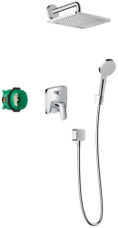 Душевая система Hansgrohe Crometta E 240 1jet, скрытого монтажа, цвет матовый черный, комплект: верхний душ/ручной душ/однорычажный смеситель для ванны/держатель верхнего душа/держатель для душа/настенный вывод/шланг для душа/скрытая часть, настенная