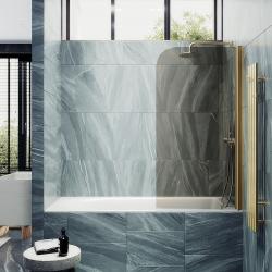 Душевая шторка на ванну MaybahGlass, 140х70 см, бронзовое стекло/профиль золото, поворотная, закаленное стекло 6 мм, плоская/панель, правая/левая, правосторонняя/левосторонняя, универсальная
