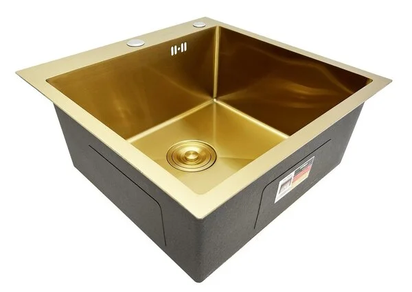 Мойка кухонная Hoffger 5050 врезная, Gold (золото) 500х500х225 мм нержавеющая сталь, с PVD покрытием, с отверстием под смеситель, без крыла, слив-перелив Мойка кухонная Hoffger 5050 врезная, Gold (золото) 500х500х225 мм нержавеющая сталь, с PVD покрытием, с отверстием под смеситель, без крыла, слив-перелив