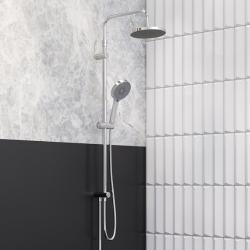 Душевой гарнитур Damixa Apollo высота 1055-1455 мм, цвет хром, без смесителя, комплект: тропический душ (с верхней лейкой)/стойка/лейка/шланг, настенная, латунь/пластик