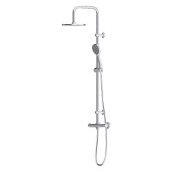 Душевая система Dorff Futura, высота 810-1130 мм, цвет хром, комплект: термостатический смеситель/тропический душ (с верхней лейкой)/стойка/лейка/шланг, латунь/пластик/нержавеющая сталь