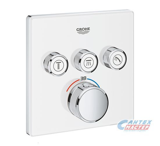 Смеситель для душа Grohe Grohtherm SmartControl термостатический, скрытого монтажа, на 3 выхода, керамический, настенный, без излива/шланга/лейки, латунь, цвет белая луна/хром