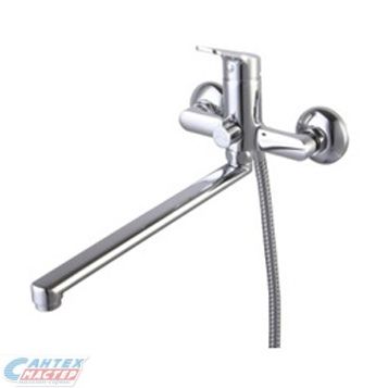 Смеситель для ванны/душа Zenta Свелто однорычажный, керамический, настенный, излив поворотный 300 мм, с гибким шлангом, душем/лейкой, латунь, цвет хром, длинный, универсальный, горизонтальный, рычажный, кран, комплект, сантехника, размер