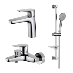 Комплект смесителей Aquatek Бетта 3 в 1 хром, смеситель для ванны, раковины, душевой гарнитур, однорычажный, латунь/нержавеющая сталь