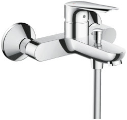 Смеситель для ванны Hansgrohe Logis E настенный, наружнего/внешнего монтажа, однорычажный, неповоротный, латунный, длина излива 18 см, керамический, цвет хром, без душевого шланга/лейки, на 2 отверстия