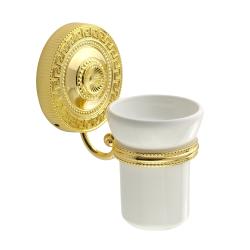 Стакан Migliore Montecarlo, с держателем, настенный, латунь/керамика, форма округлая, для зубных щеток в ванную/туалет/душевую кабину, цвет золото/белый