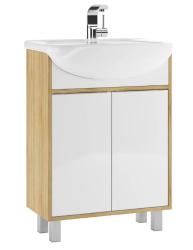 Тумба под раковину Домино Prime 60, 592х301х820 мм, цвет- белый/дуб сонома, напольная, 2 распашные дверцы, ЛДСП/МДФ, шкафчик напольный, под умывальник, прямоугольная