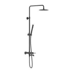 Душевая система Damixa Scandinavian Pure, высота 1050-1450 мм, цвет черный матовый, комплект: смеситель/излив/тропический душ круглый (с верхней лейкой)/стойка/лейка/шланг