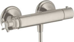 Смеситель для душа Axor Montreux, термостатический, с крестообразной рукояткой, внешнего/наружнего монтажа, настенный, без излива/шланга/лейки, керамический, латунный, цвет: под сталь, с термостатом