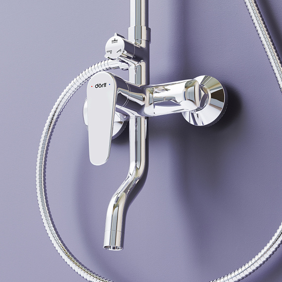 Душевая система Dorff Prime, высота 900-1170 мм, цвет хром, комплект: смеситель/излив/тропический душ круглый (с верхней лейкой)/стойка/лейка/шланг, латунь/пластик