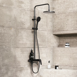 Душевая система Damixa Jupiter, высота 1050-1450 мм, цвет черный матовый, комплект: смеситель/излив/тропический душ круглый (с верхней лейкой)/стойка/лейка/шланг, латунь/пластик