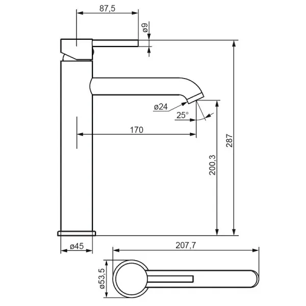 Смеситель для раковины/умывальника Damixa Scandinavian Pure, однорычажный, неповоротный, керамический, высокий, длина излива 170 мм, латунь, цвет черный матовый