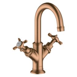 Смеситель для раковины Axor Montreux 160, двухвентильный, с крестообразными рукоятками, поворотный излив, длина излива 11,7 см, керамический, латунь, цвет шлифованная бронза, со сливным гарнитуром