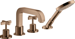 Смеситель для ванны Axor Citterio на борт ванны двухвентильный, с крестообразными рукоятками, неповоротный, латунный, длина излива 19 см, керамический, цвет полированное красное золото, с душевым шлангом/лейкой, на 4 отверстия, с розетками