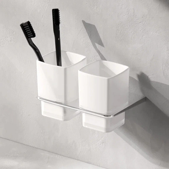 Стакан двойной AM.PM Inspire 2.0, с держателем, настенный, стекло/сталь, форма прямоугольная, для зубных щеток в ванную/туалет/душевую кабину, цвет хром