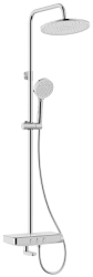 Душевая система IDDIS Shelfy термостатическая, наружного монтажа, высота 1070-1450 мм, цвет хром, комплект: смеситель/излив/тропический душ(с верхней лейкой)/стойка/лейка/шланг, наружного монтажа