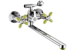 Смеситель для ванны/душа Potato P71-11, настенный, двухвентильный, поворотный, керамический, длина излива 433 мм, цинк, цвет хром/зеленый