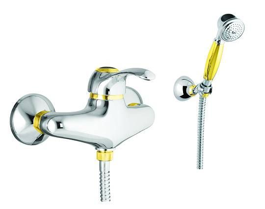 Смеситель для душа Webert Aurora однорычажный, керамический, настенный, без излива, с шлангом/лейкой, латунь хром/золото
