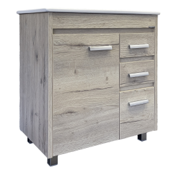 Тумба с раковиной Comforty Марио 75, 75х85,5х46,5 см, напольная, 1 распашная дверца/3 выдвижных ящика, ЛДСП, прямоугольная, цвет- дуб дымчатый/раковина Quadro 75, прямоугольная, цвет белый, встраиваемая