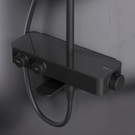 Душевая система AM.PM Inspire 2.0, высота 1030-1460 мм, цвет черный матовый, комплект: термостатический смеситель с изливом/тропический душ (с верхней лейкой)/стойка/лейка/шланг, латунь/ABS-пластик/нержавеющая сталь/ПВХ