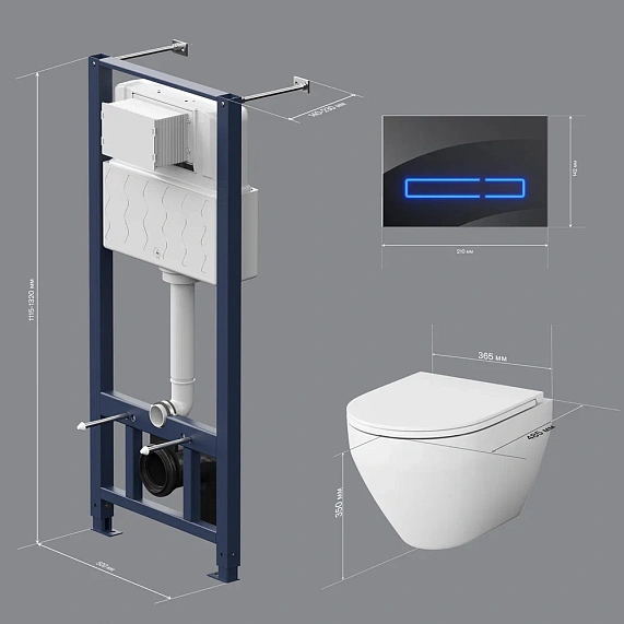 Комплект унитаза с инсталляцией AM.PM Spirit 2.0, c сиденьем микролифт, с сенсорной клавишей смыва (кнопкой, клавишей двойного смыва) черной, система для подвесного унитаза, со скрытым смывным бачком (бак), с подвесным унитазом