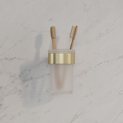 Стакан с держателем IDDIS Petite настенный, нержавеющая сталь/стекло, округлый, для душа/ванны/зубных щеток, в ванную комнату, цвет золото матовое PETG0SGi45