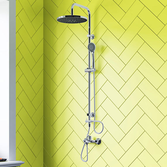 Душевая система Dorff Norma, высота 1040 мм, цвет хром, комплект: смеситель/тропический душ круглый (с верхней лейкой)/стойка/лейка/шланг, латунь/пластик