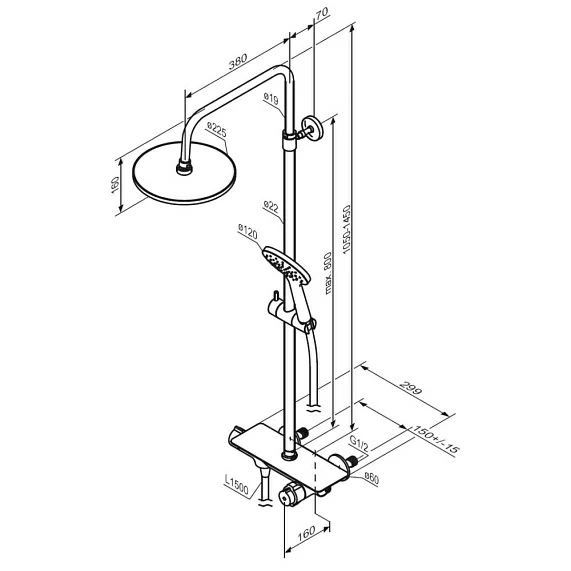 Душевая система Damixa Jupiter, высота 1050-1450 мм, цвет хром, комплект: термостатический смеситель/тропический душ (с верхней лейкой)/стойка/лейка/шланг