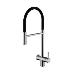 Смеситель для кухни/мойки Knotlor Infinity, с подключением к фильтру, однорычажный, поворотный, керамический, R-излив, гибкий, длина 230 мм, матовая сталь/черный, нержавеющая сталь SS-16