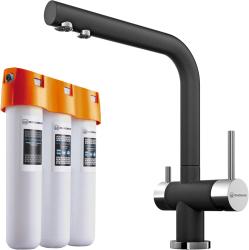 Комплект: смеситель для кухни Omoikiri Nagano-BL + фильтр Pure drop Lite для очистки воды трехступенчатый, смеситель однорычажный, поворотный, керамический, длина излива 206 мм, латунь, цвет черный