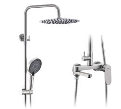 Душевая система Raglo R10.24.05 со смесителем, высота 1184-1514 мм цвет сатин, комплект: однорычажный смеситель/излив/тропический душ круглый (с верхней лейкой)/лейка/стойка/шланг, нержавеющая сталь