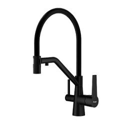 Смеситель для кухни/мойки Raglo R80.62.06 однорычажный, поворотный, керамический картридж, с подключением фильтра, гибкий излив, длина излива 225 мм, латунь/силикон, цвет черный