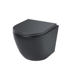 Унитаз подвесной IDDIS Blanco, горизонтальный (прямой, в стену) выпуск, безободковый, с быстросьемным сиденьем микролифт, с крышкой (сиденье) дюропласт, цвет: черный матовый
