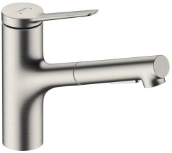 Смеситель для кухни/мойки Hansgrohe Zesis M33, 150 sBox lite 2jet, однорычажный, керамический, с поворотным/вытяжным изливом, длина 21,9 см, латунь, цвет под сталь