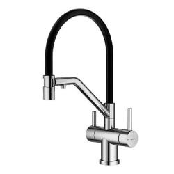 Смеситель для кухни/мойки Splenka S70.62.05 с подключением фильтра, однорычажный, поворотный/гибкий, керамический, излив 225 мм, высота излива 195 мм нержавеющая сталь/силикон, цвет сатин/черный