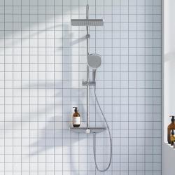 Душевая система Damixa Merkur, высота 1050-1450 мм, цвет хром, комплект: смеситель/излив/тропический душ прямоугольный (с верхней лейкой)/стойка/лейка/шланг, латунь/пластик